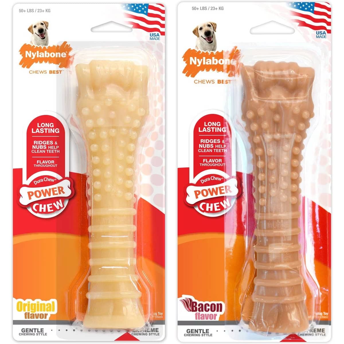 Nylabone Power Chew Original & Bacon Flavored Dog Chew Toys Aggressive Chewers Bundle