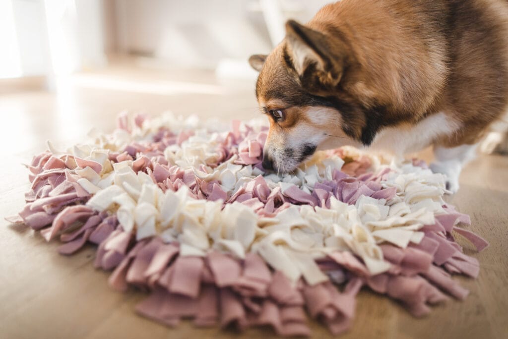 welsh corgi pembroke with a sniffing mat