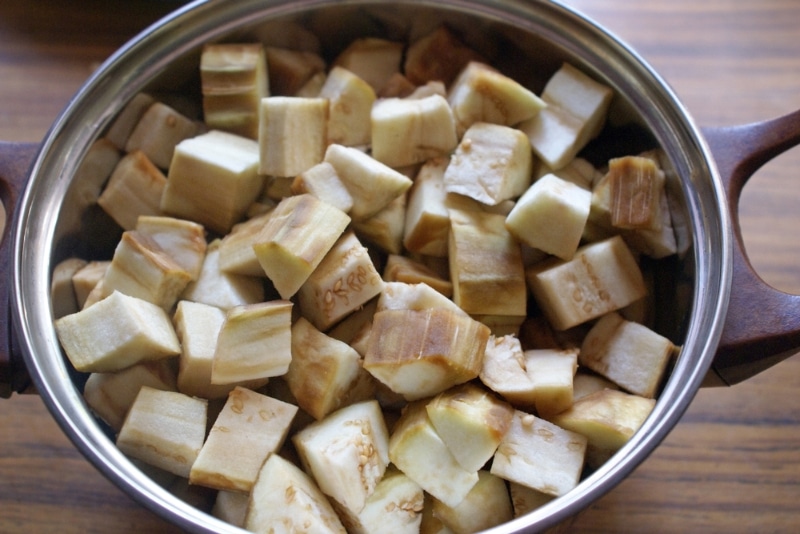 Sliced eggplant in a saucepan