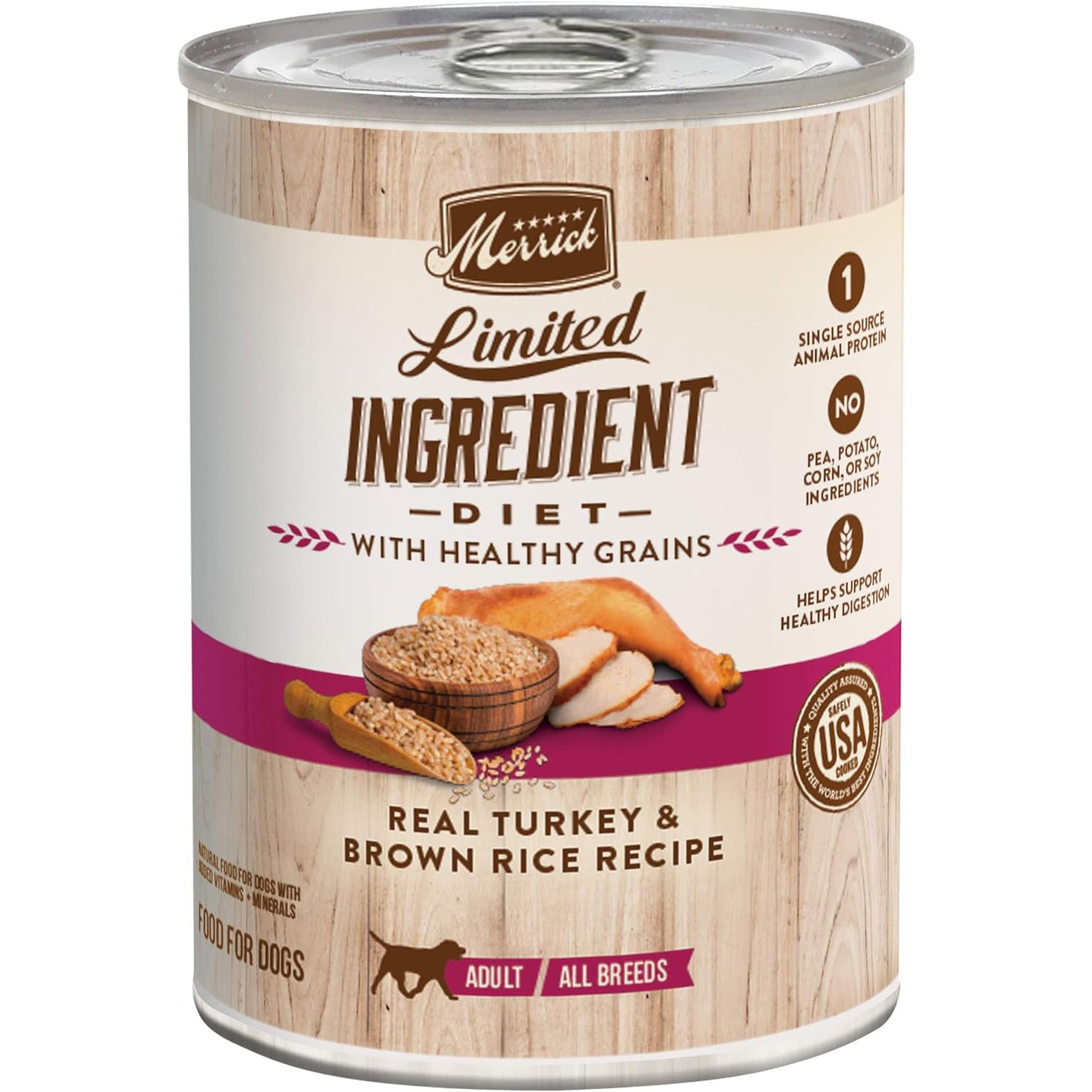 Merrick Limited Ingredient Diet Premium with Healthy Grains Natural Canned Wet Dog Food Turkey and Brown Rice