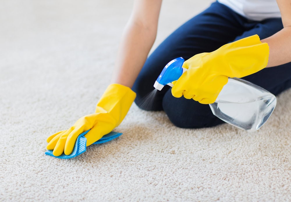 Spraying carpet cleaner on the carpet