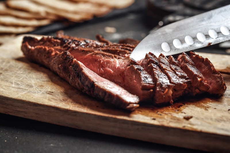 Sliced steak on the cutting board