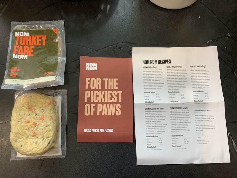 Nom Nom dog food packets with recipes turkey