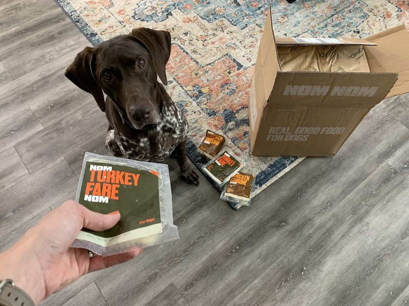 brown spotted dog with Nom Nom turkey food and box