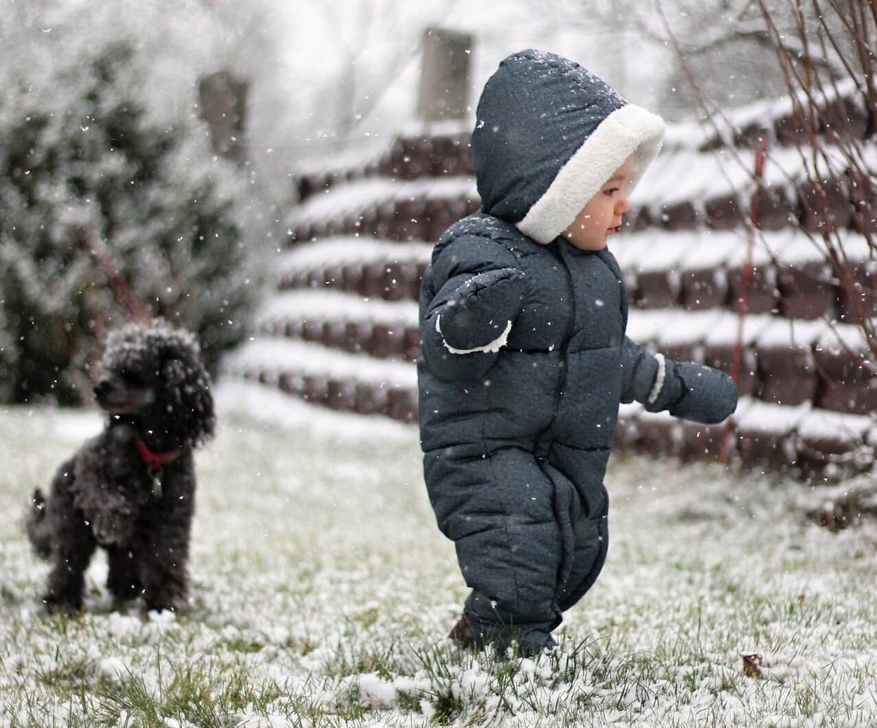 Baby walking in the snow with a poodle