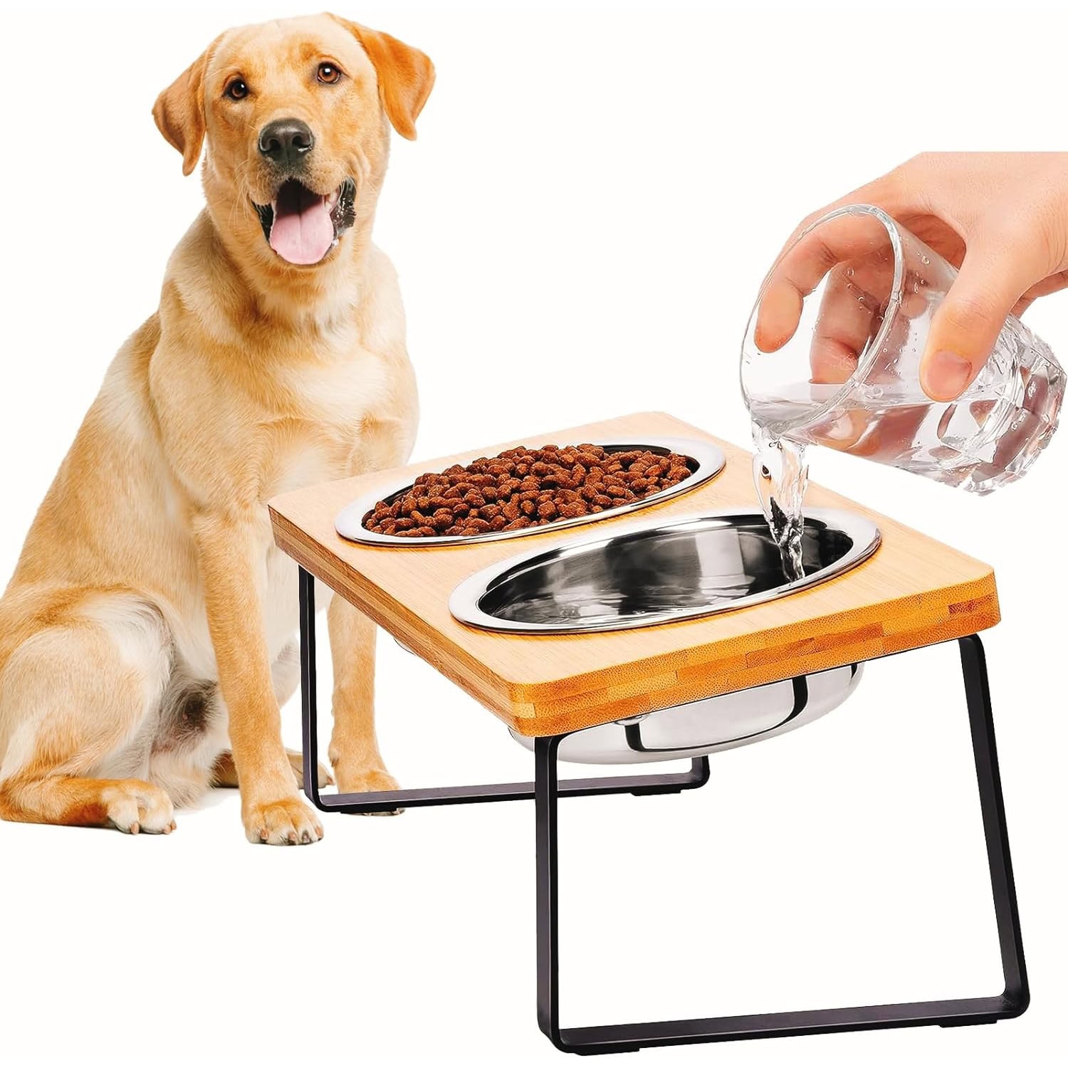 Bupans Solid Bamboo Tilted & Raised Dog Bowl Stand & Stainless Steel Bowls new