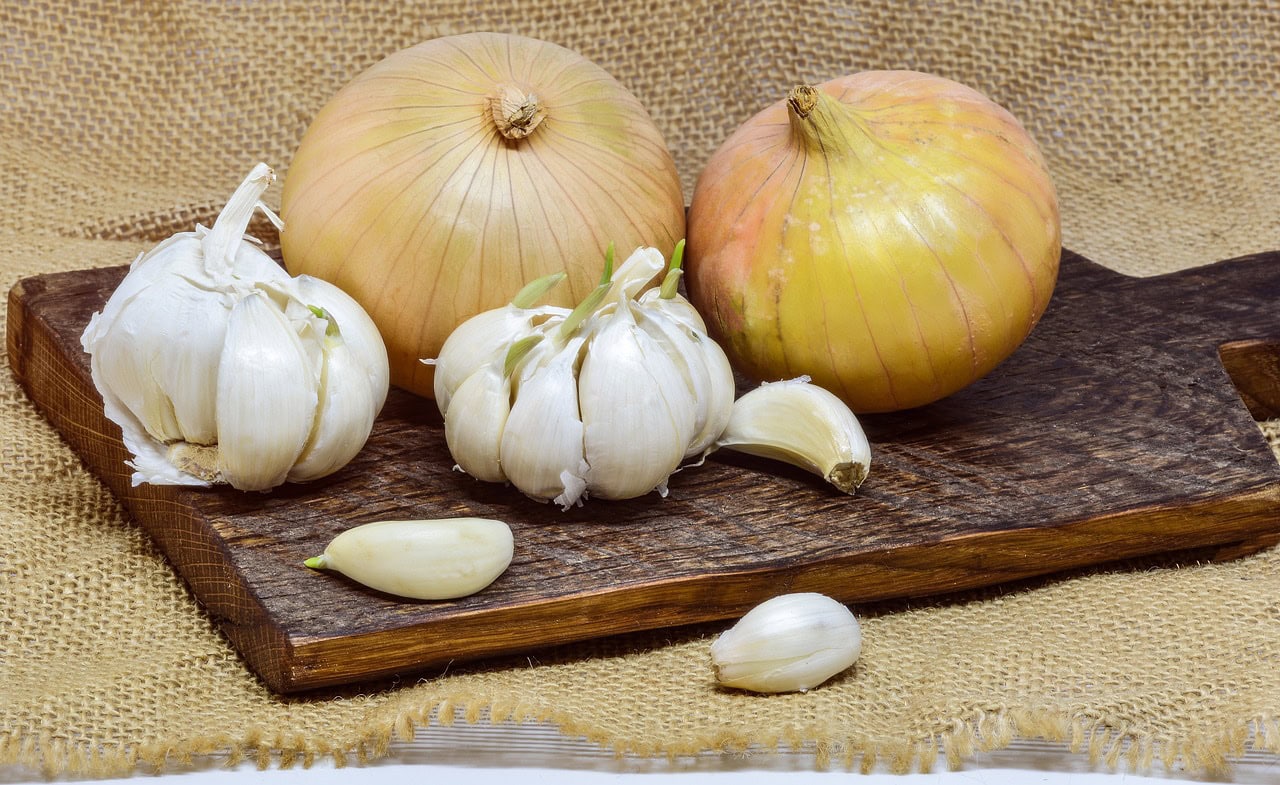 onion and garlic on wooden board