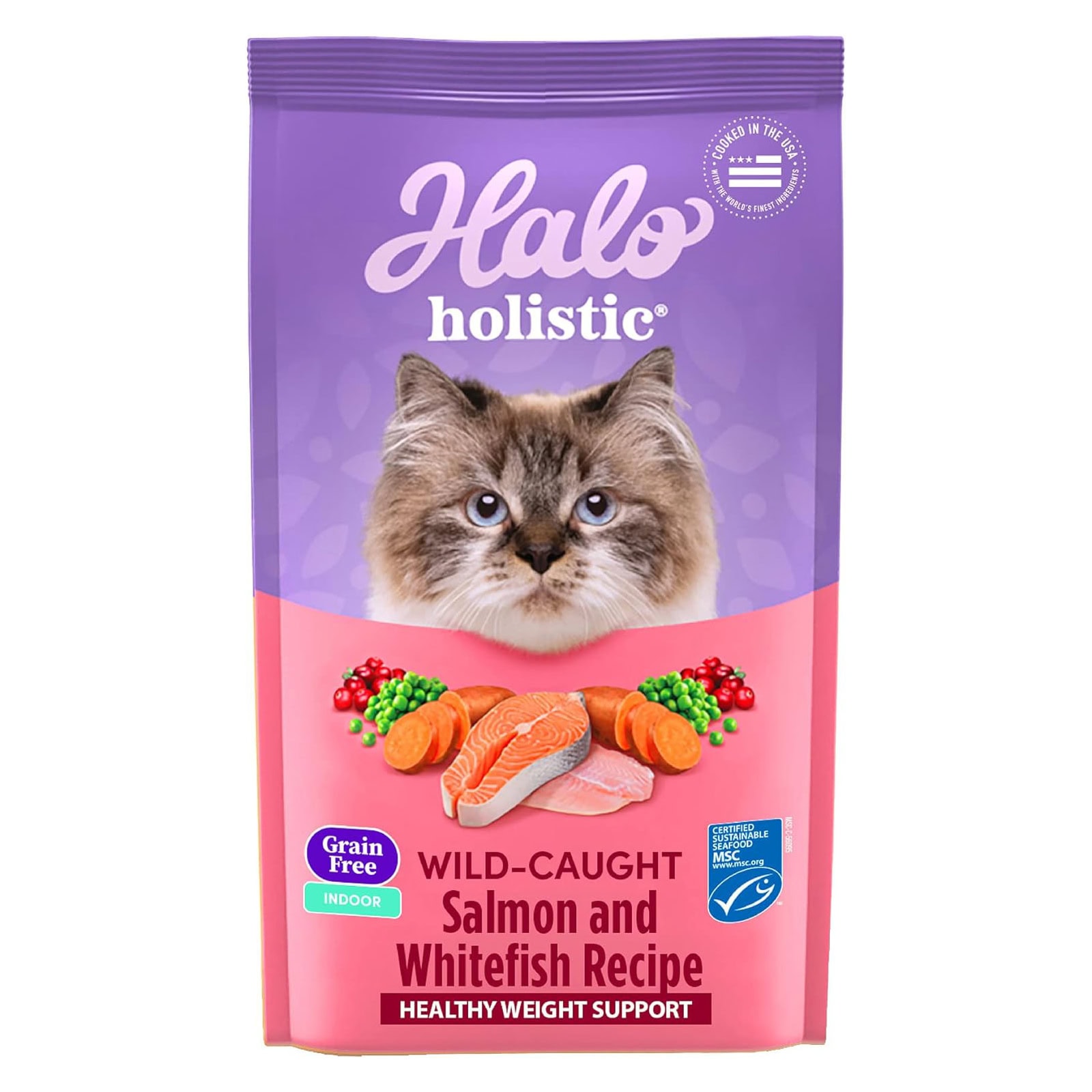 Halo Holistic Indoor Cat Food Dry, Grain Free Wild-caught Salmon & Whitefish Recipe