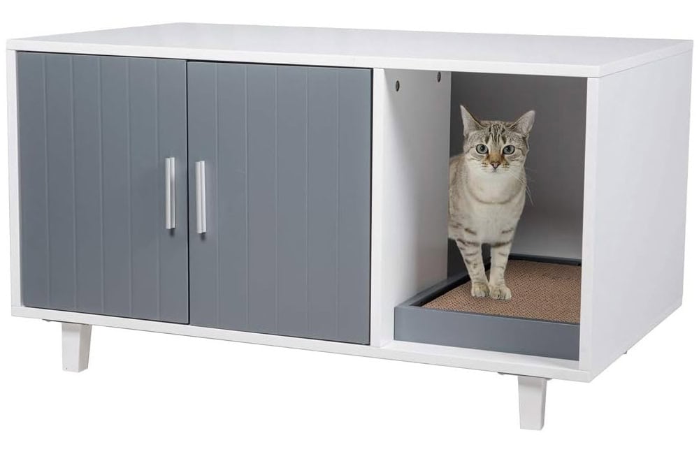 GOOD LIFE Modern Wood Pet Crate Cat Washroom Hidden Litter Box Enclosure Furniture House Table Nightstand with Cat Scratch Pad