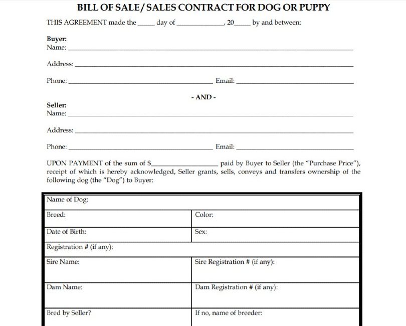 Bill of Sale Sales Contract for Dog or Puppy