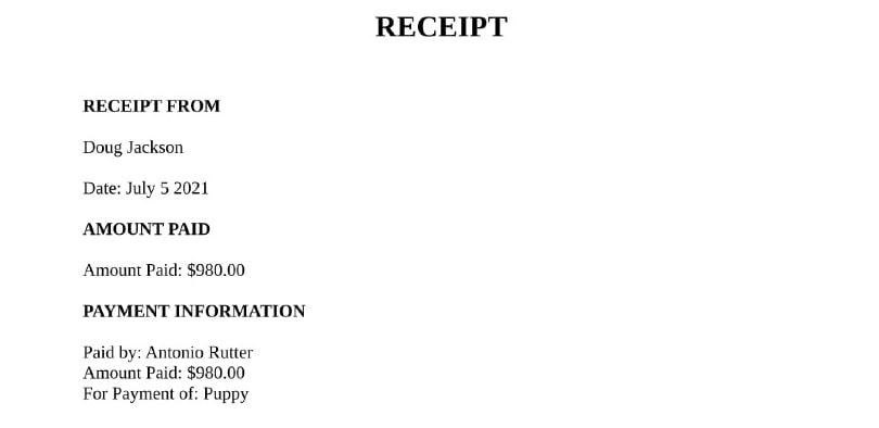 Eforms Dog (Puppy) Deposit Receipt