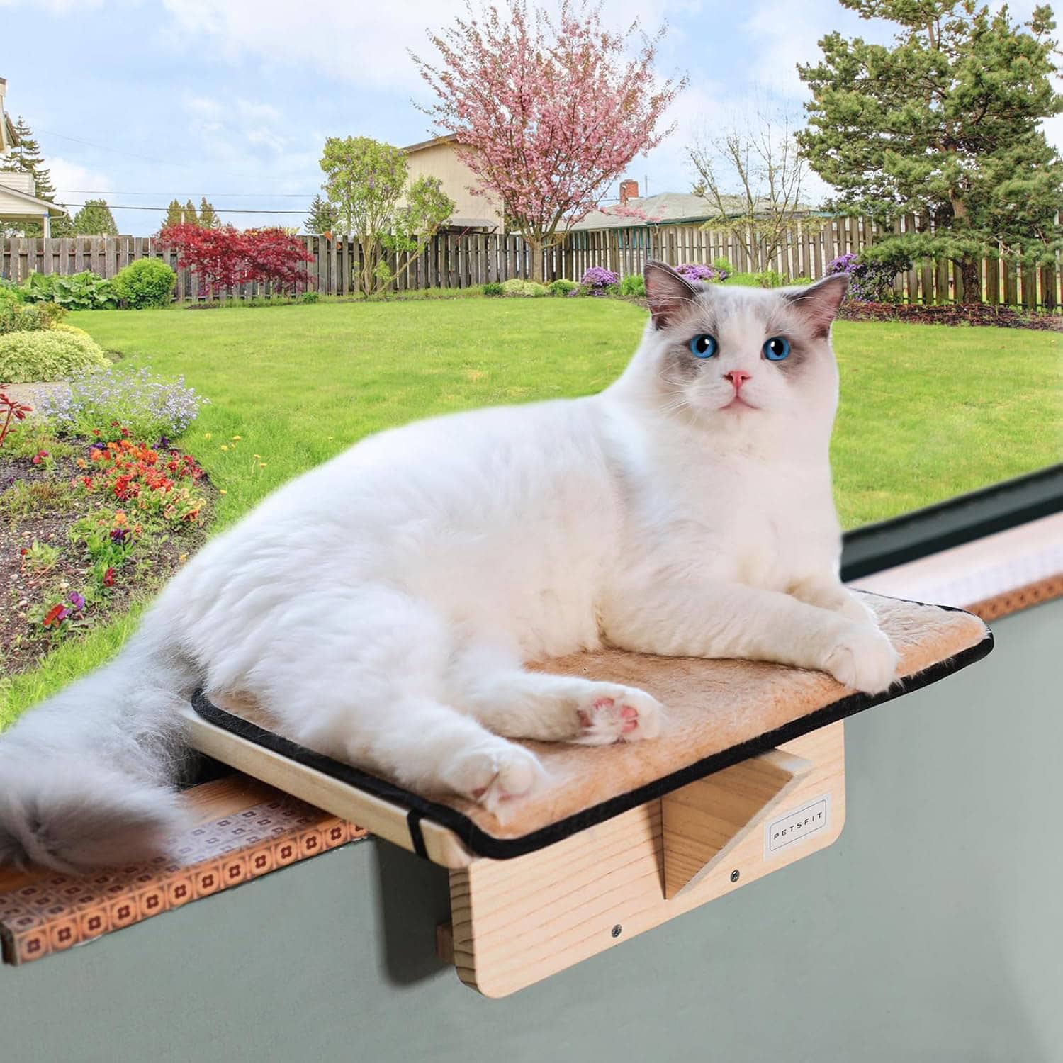 Petsfit Cat Window Perch Natural Solid Wood with Removable Fleece Mat