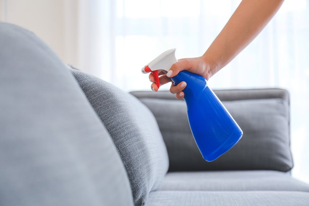 Woman spraying on sofa at home