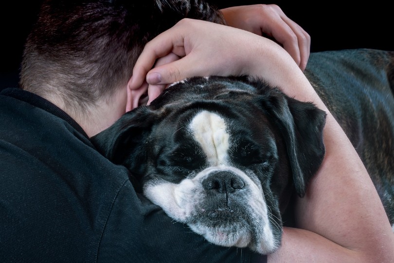 a man hugging a boxer dog