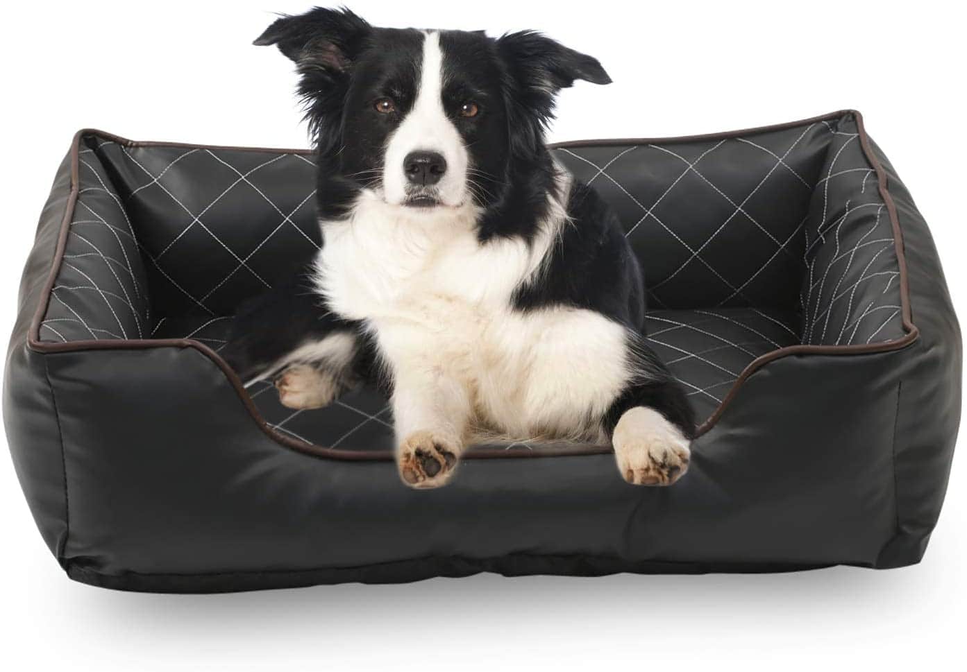 dog in Long Rich Luxury All Sides Faux Leather Rectangle Pet Bed