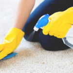 Spraying carpet cleaner on the carpet