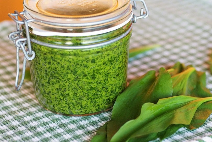 homemade pesto in glass container