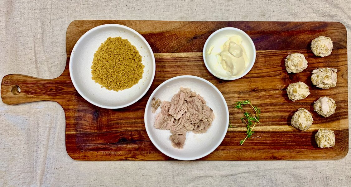 no bake tuna balls prep and finished cat treat