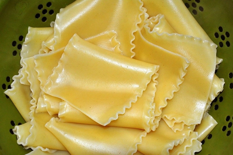 Cooked lasagna on a ceramic bowl