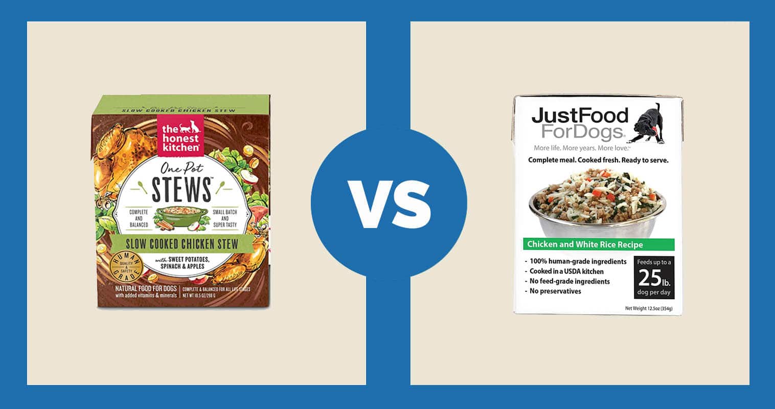 The Honest Kitchen Slow Cooked Chicken Stew vs Just Food For Dogs PantryFresh Chicken & White Rice