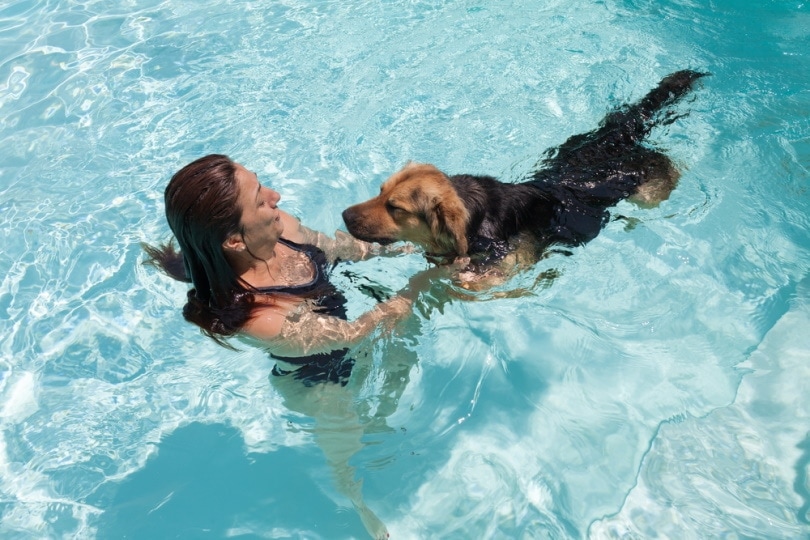 woman-swimming-with-her-dog in pool