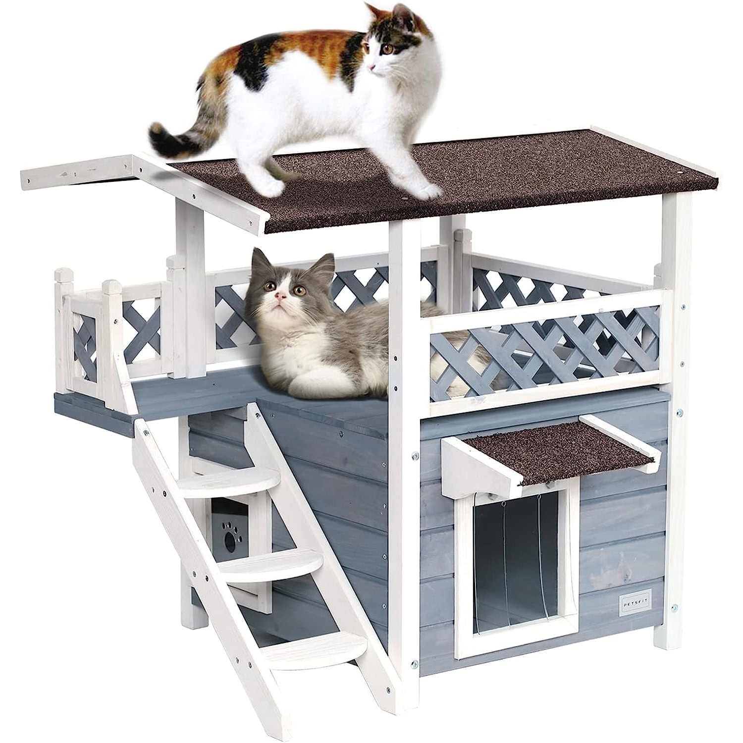 Petsfit Durable Roof Outdoor Feral Cat House Weatherproof with Escape Door, Stair or Scratch Board