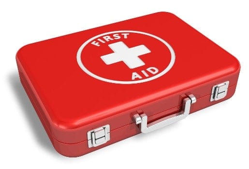 A red case style first aid kit isolated on white
