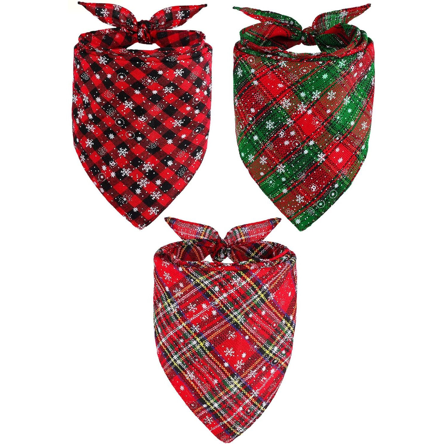 URATOT 3 Pieces Christmas Pet Bandanas Triangle Dog Bibs Kerchief Buffalo Plaid Snowflake Bandanas for Dogs Cats Pets 
