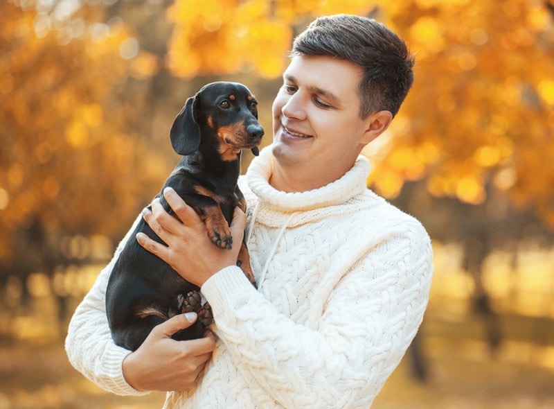 owner carrying his pet dachshund at the park