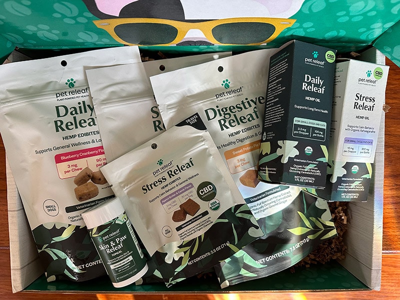 top view of the pet releaf products their packaging