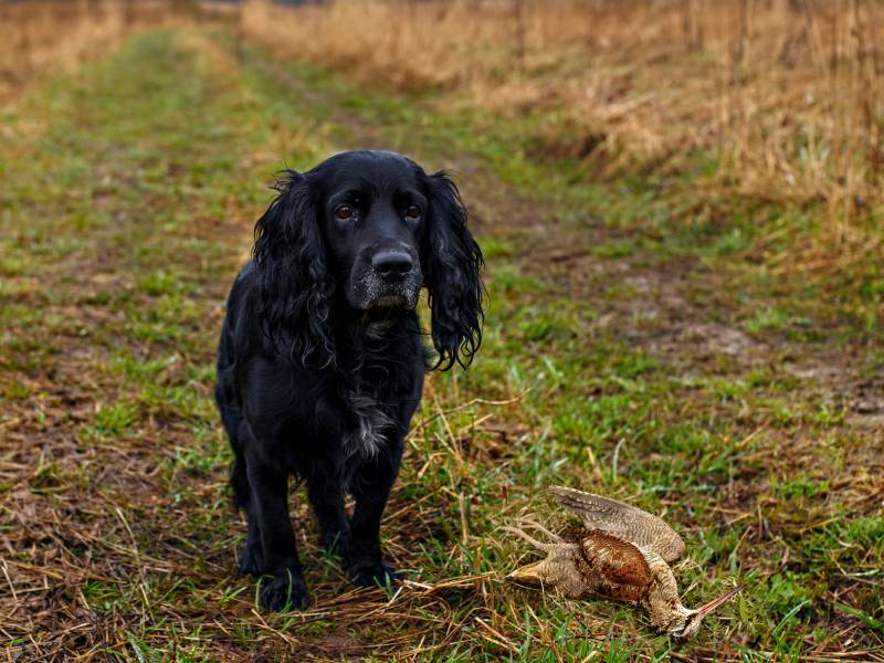 hunting dog with killed bird on the ground
