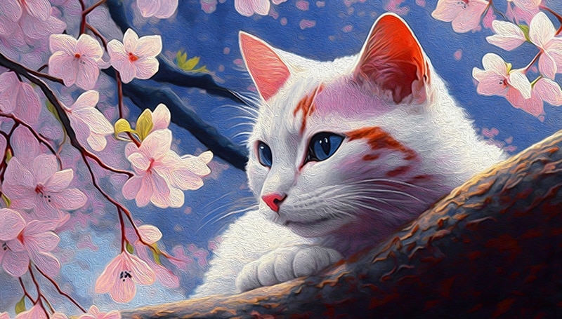 Oil painting of a cat on a cherry blossom tree