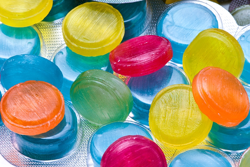 multicolor cough drops up close