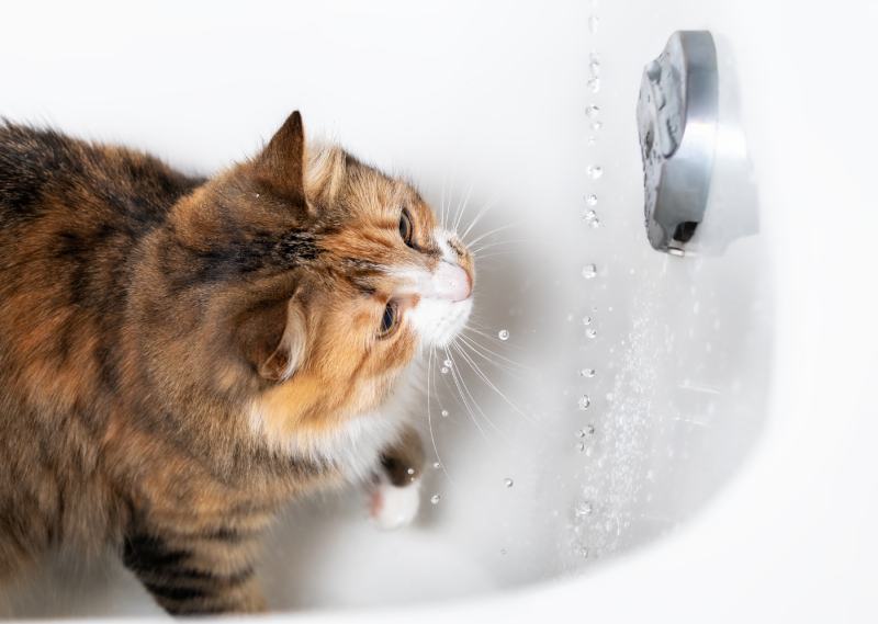 Cat playing with water in bathtub
