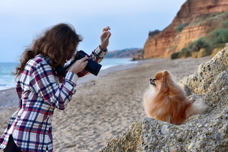 woman taking picture of her dog