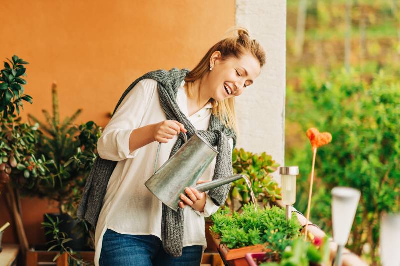 woman watering green plants on the balcony
