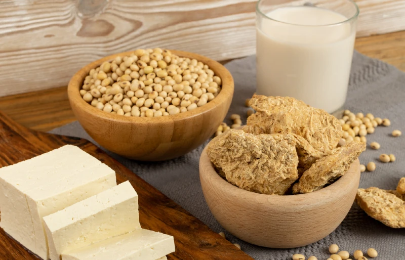 food poducts from soy, including tofu, soy milk, and soy meat