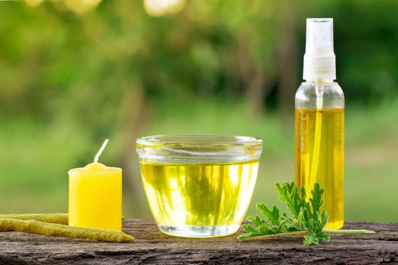citronella oil in a cup with a candel incence and spray bottle