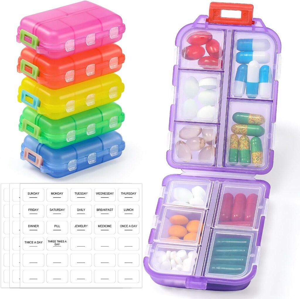 6 Pack, Small Travel Pill Organizer with Labels