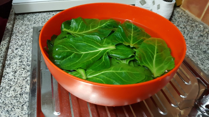 collard greens soaked with water in a bowl