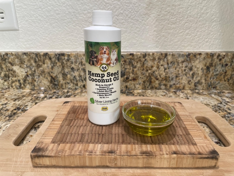 hemp seed coconut oil in bowl and bottle