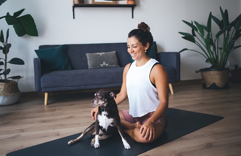 Woman Dog Owner Doing Yoga