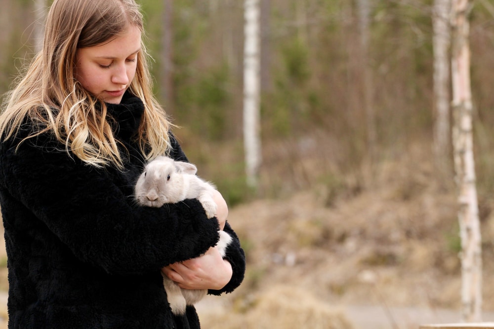 Young lady holding a rare white Gotland rabbit
