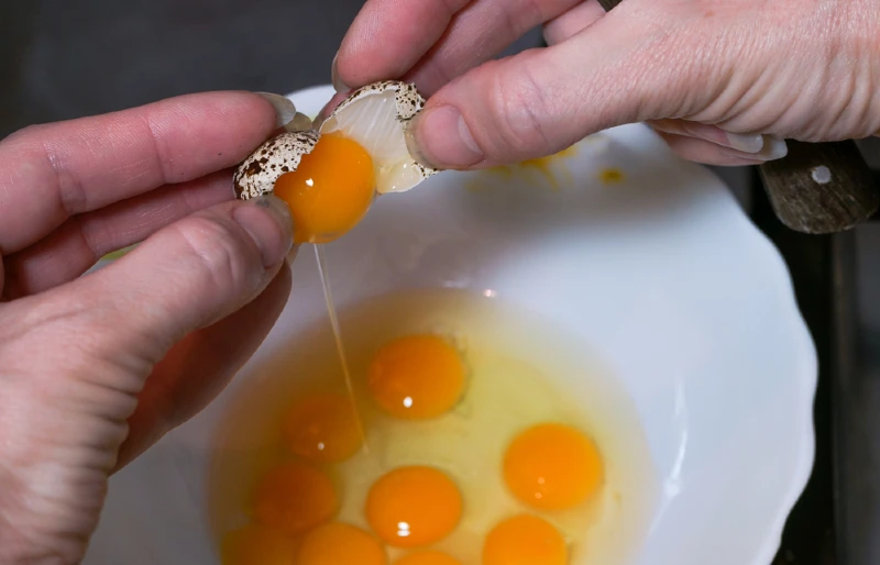 person breaking quail eggs into a bowl