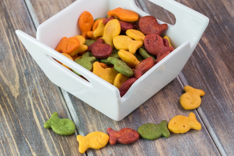 goldfish crackers on wooden table