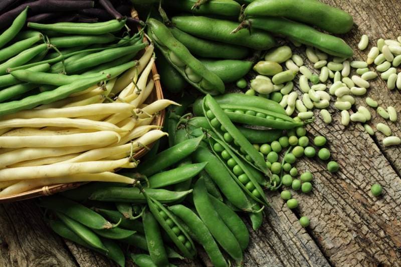 Green yellow and purple beans and opened green peas on wooden background