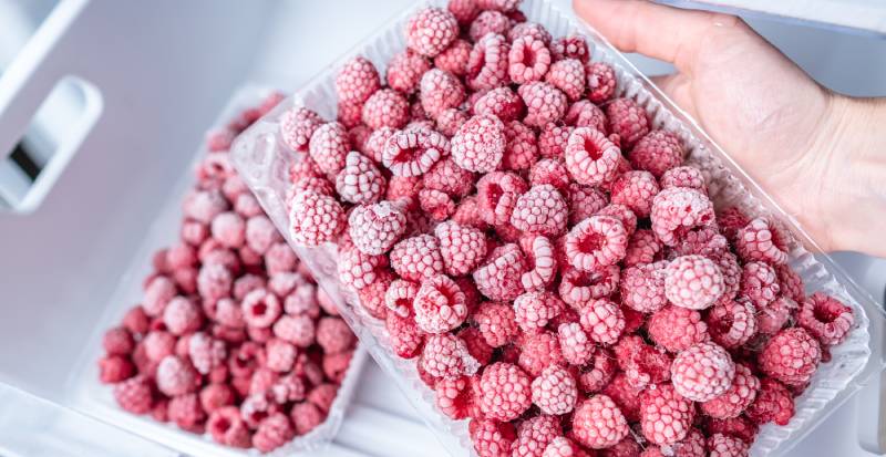person is taking a container of frozen raspberries out of the freezer of the fridge