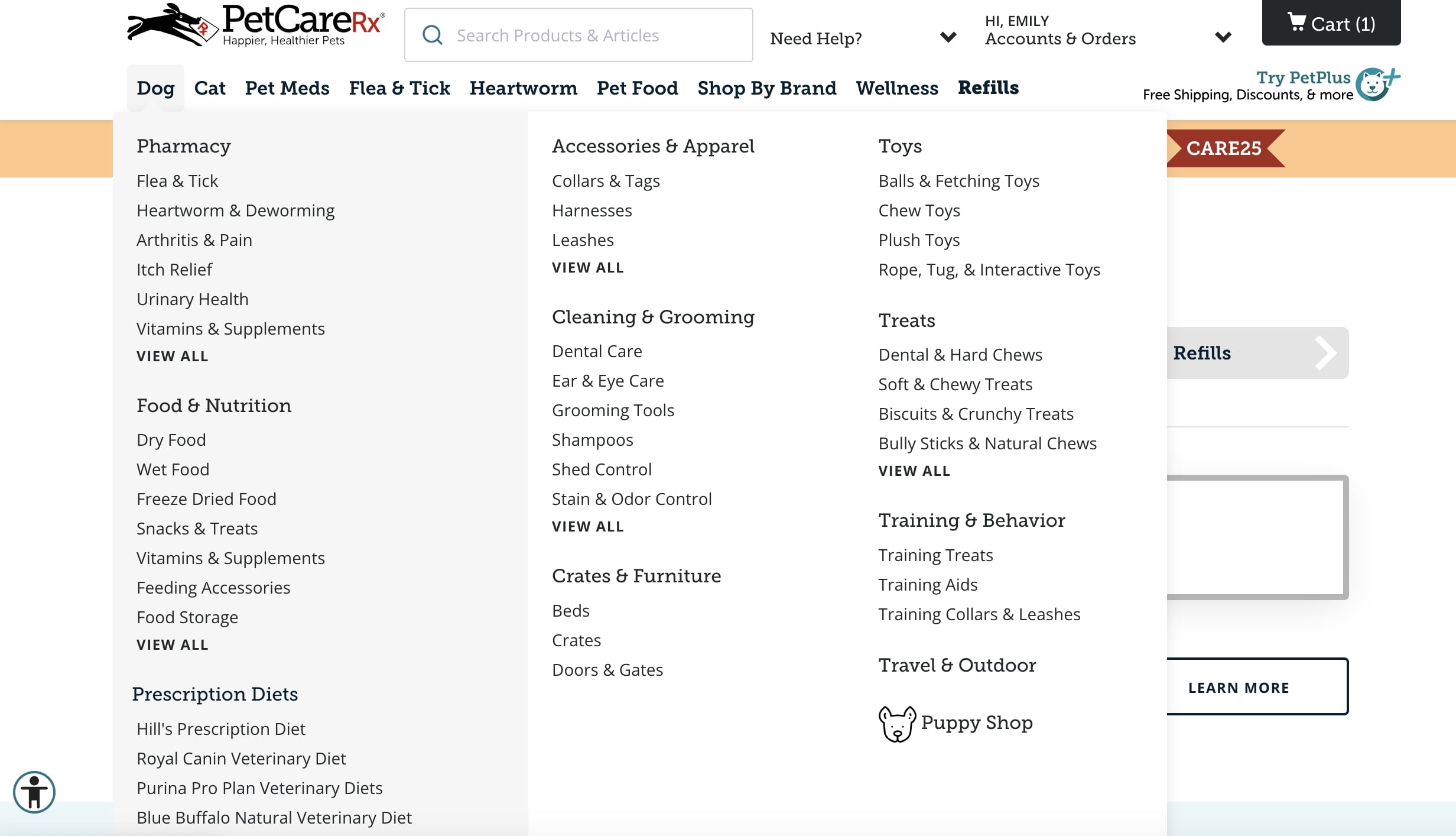PetCareRX Dog products dropdown menu