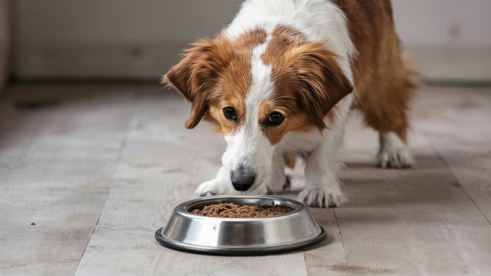 dog eating dog food from metal bowl