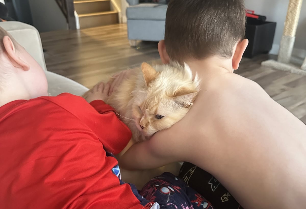 Blue being hugged by his human siblings, Elias and Ivie